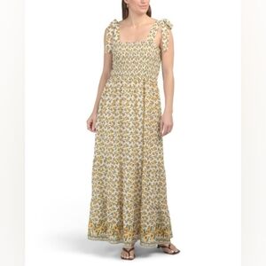 NWT -Max Studio Self Tie Floral Print Smocked Bodice Stretch Maxi Dress- Size L